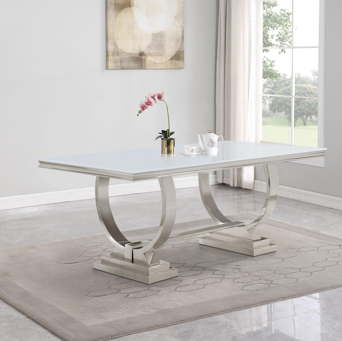 Antoine White Tempered Glass Dining Set Cream White Chairs