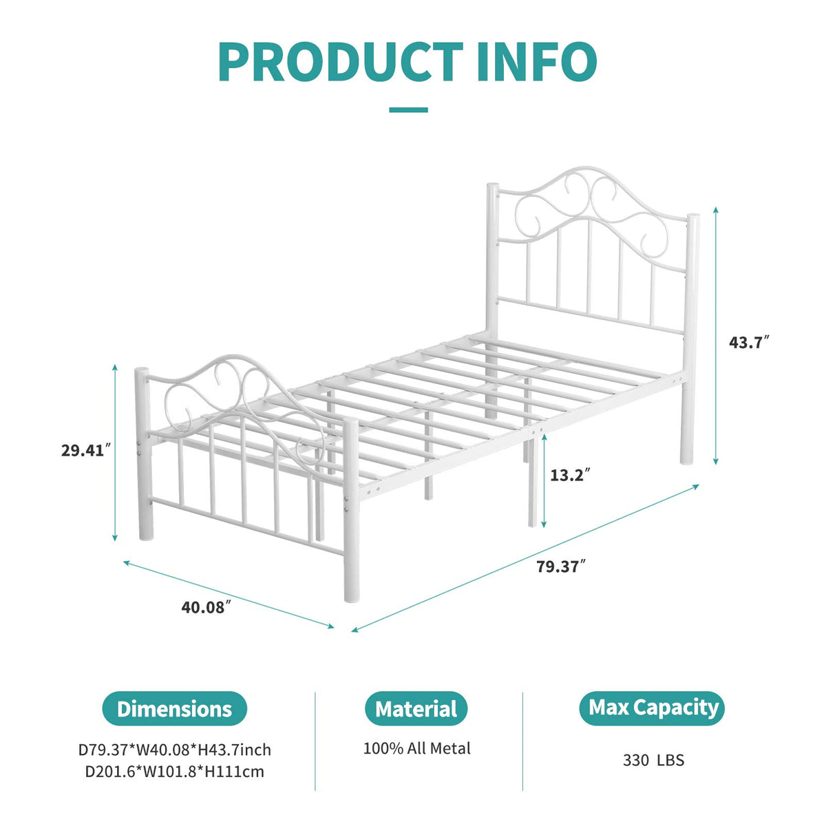 Mecor Twin Metal Bed — White