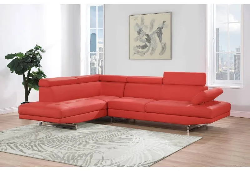 Red Faux Leather Sectional Sofa with Adjustable Headrests