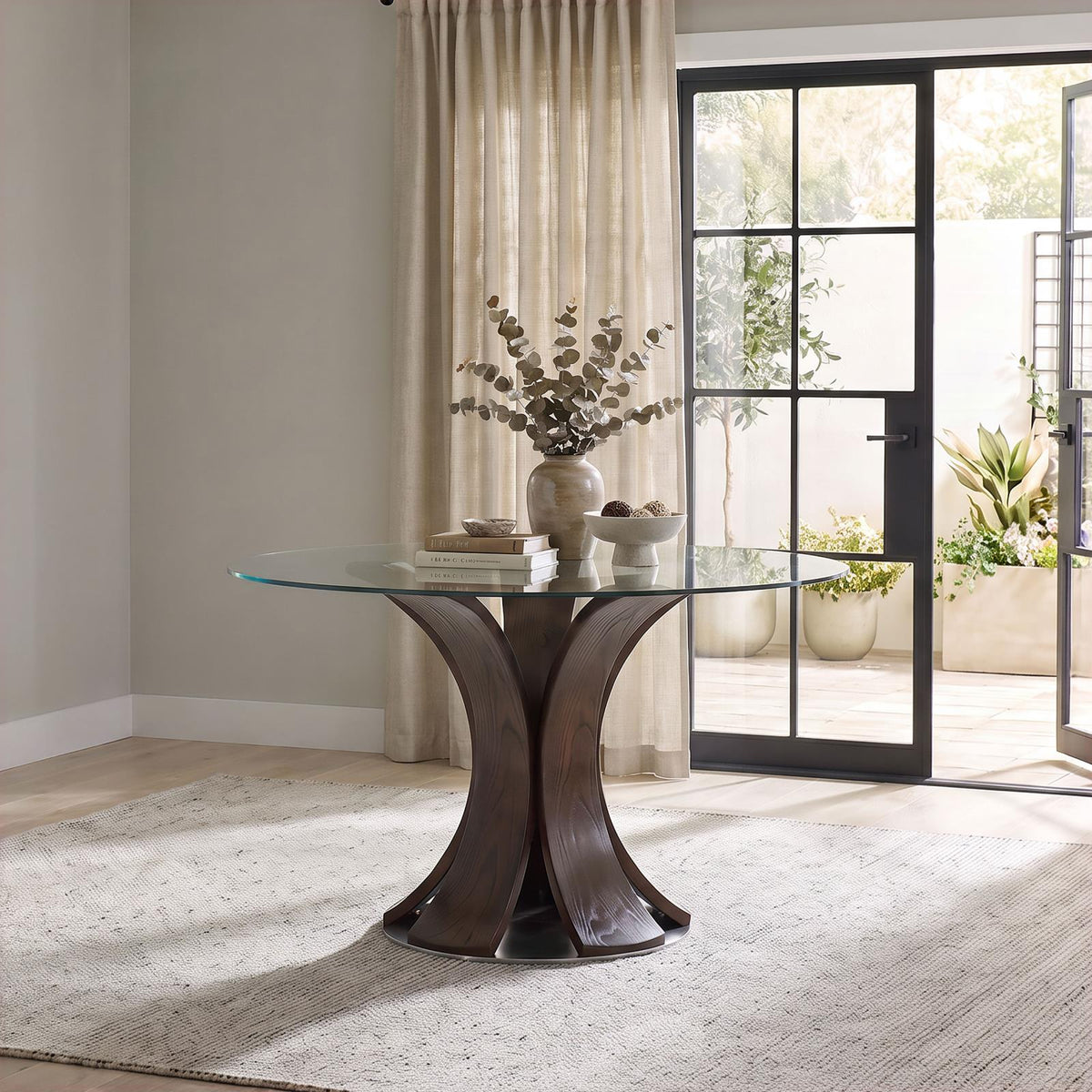 Naser 48-inch Round Glass Top Dining Table Dark Walnut
