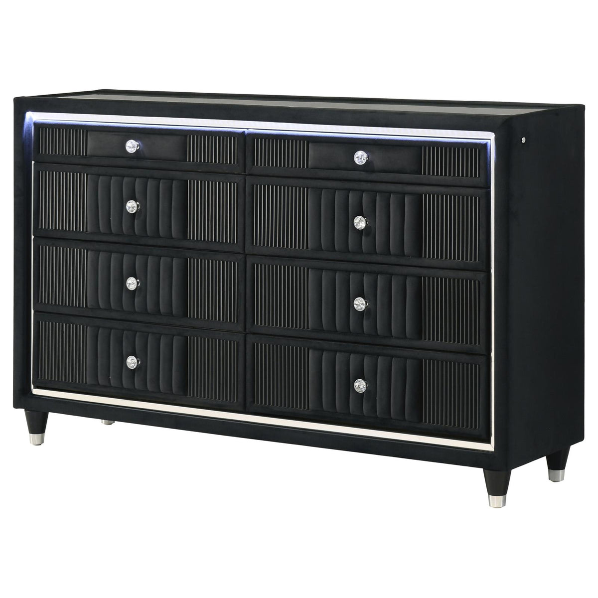 Ravenne 8-drawer Velvet Upholstered LED Dresser Cabinet Black