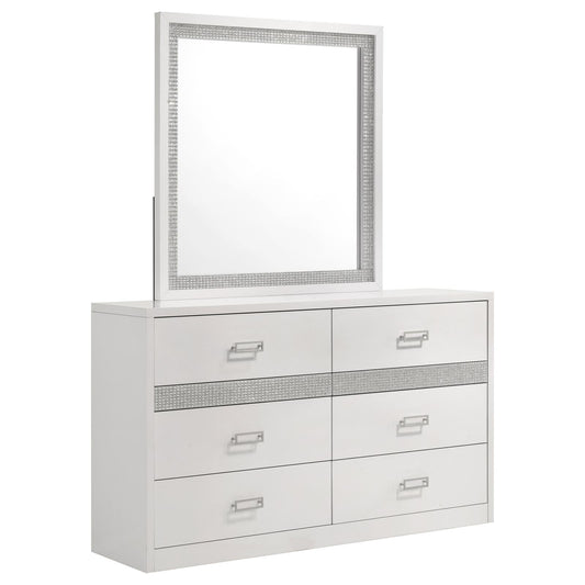 Viana 6-Drawer Bedroom Dresser with Beveled Mirror White High Gloss