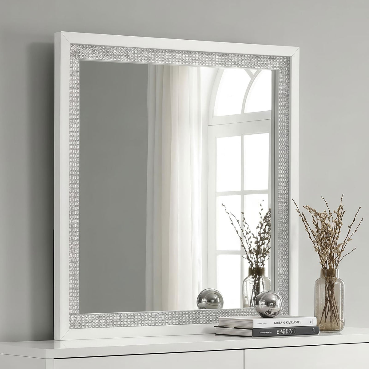 Viana Square Beveled Dresser Mirror with Faceted Trim White High Gloss