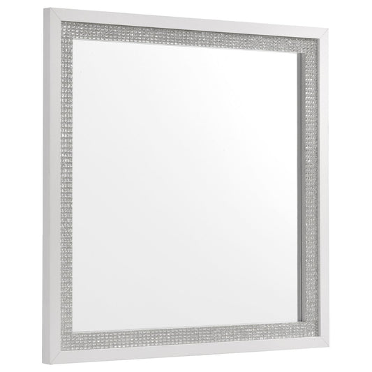 Viana Square Beveled Dresser Mirror with Faceted Trim White High Gloss