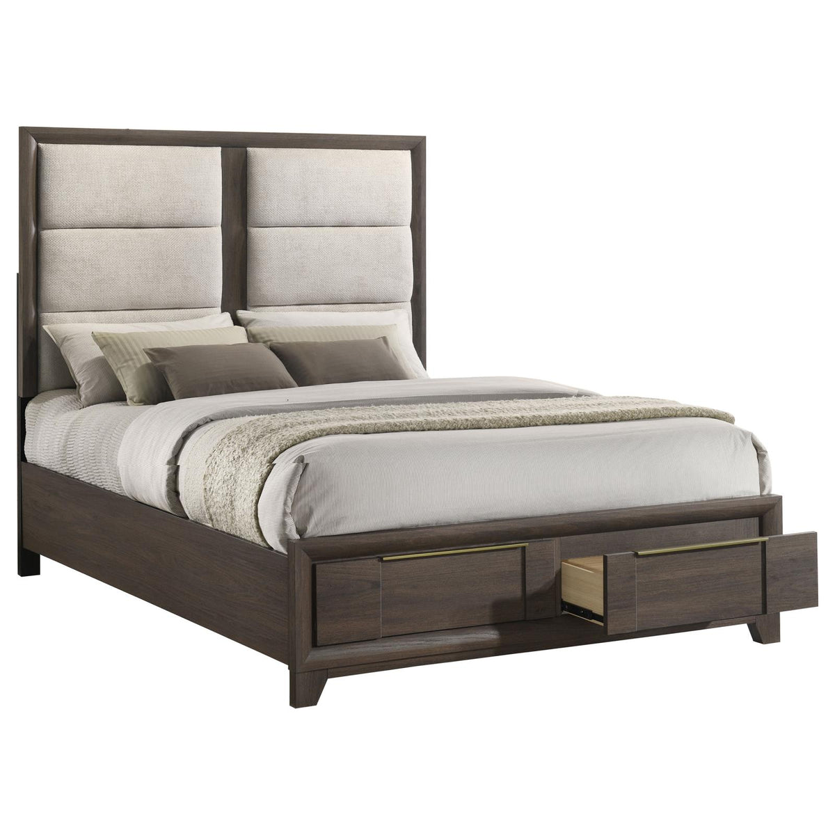 Farre Eastern King Upholstered Storage Platform Bed Dark Brown