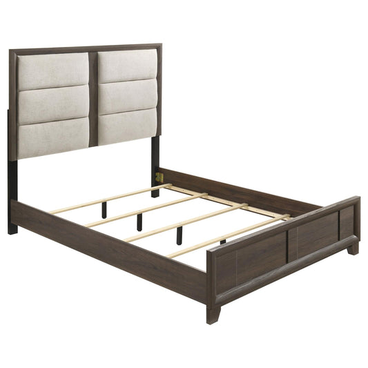 Farre Eastern King Upholstered Platform Panel Bed Dark Brown