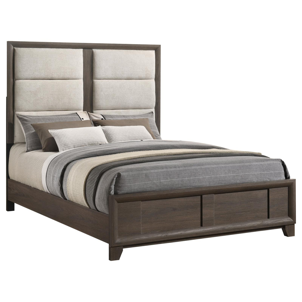 Farre Eastern King Upholstered Platform Panel Bed Dark Brown
