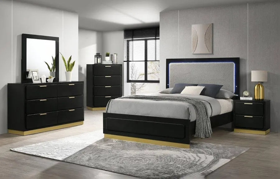 Caraway 5-Piece Bedroom Set — Black & Gold with LED Headboard