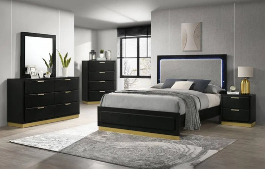 Caraway 5-Piece Bedroom Set — Black & Gold with LED Headboard