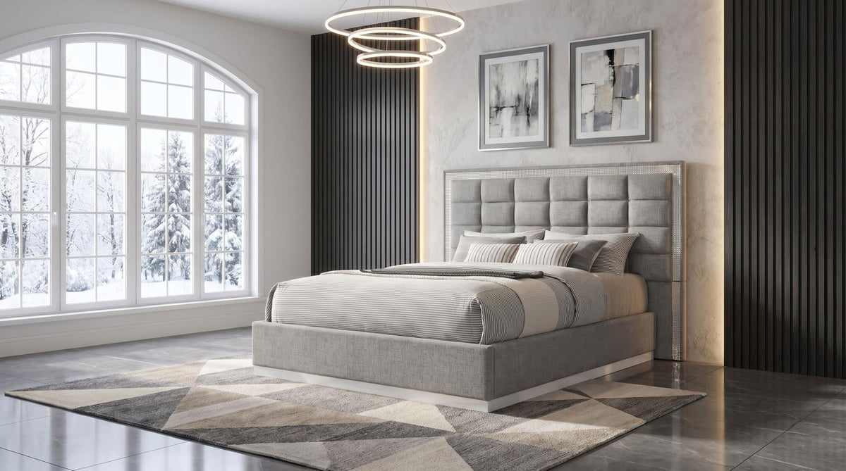 Viana Eastern King Chenille Platform Bed Grey and White High Gloss