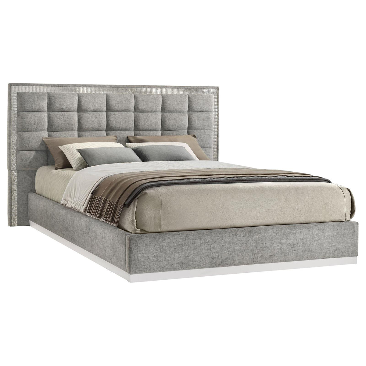 Viana Eastern King Chenille Platform Bed Grey and White High Gloss