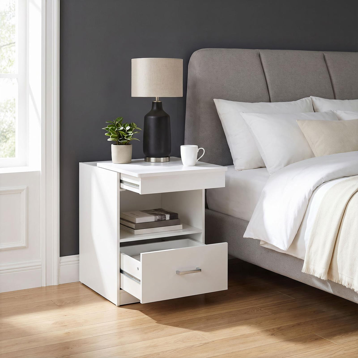Fabre 1-drawer Extendable Top Nightstand Bedside Table White High Gloss