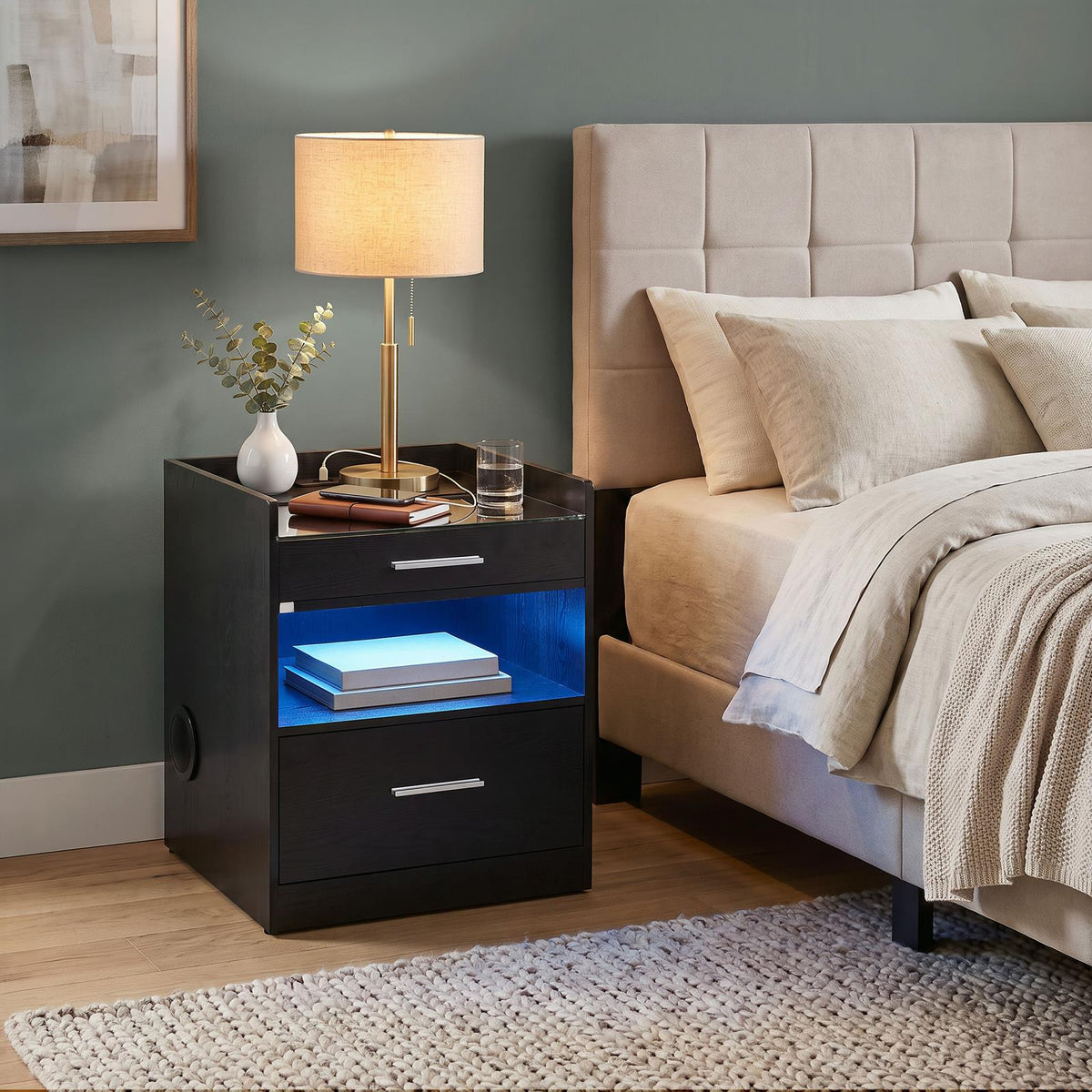 Furda 2-drawer LED Nightstand Bedside Table with Speaker Black Ash