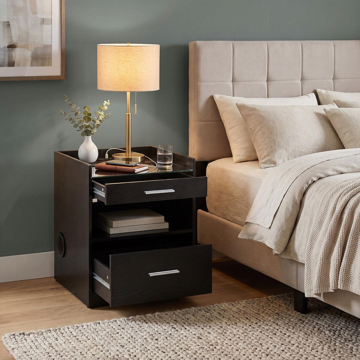 Furda 2-drawer LED Nightstand Bedside Table with Speaker Black Ash