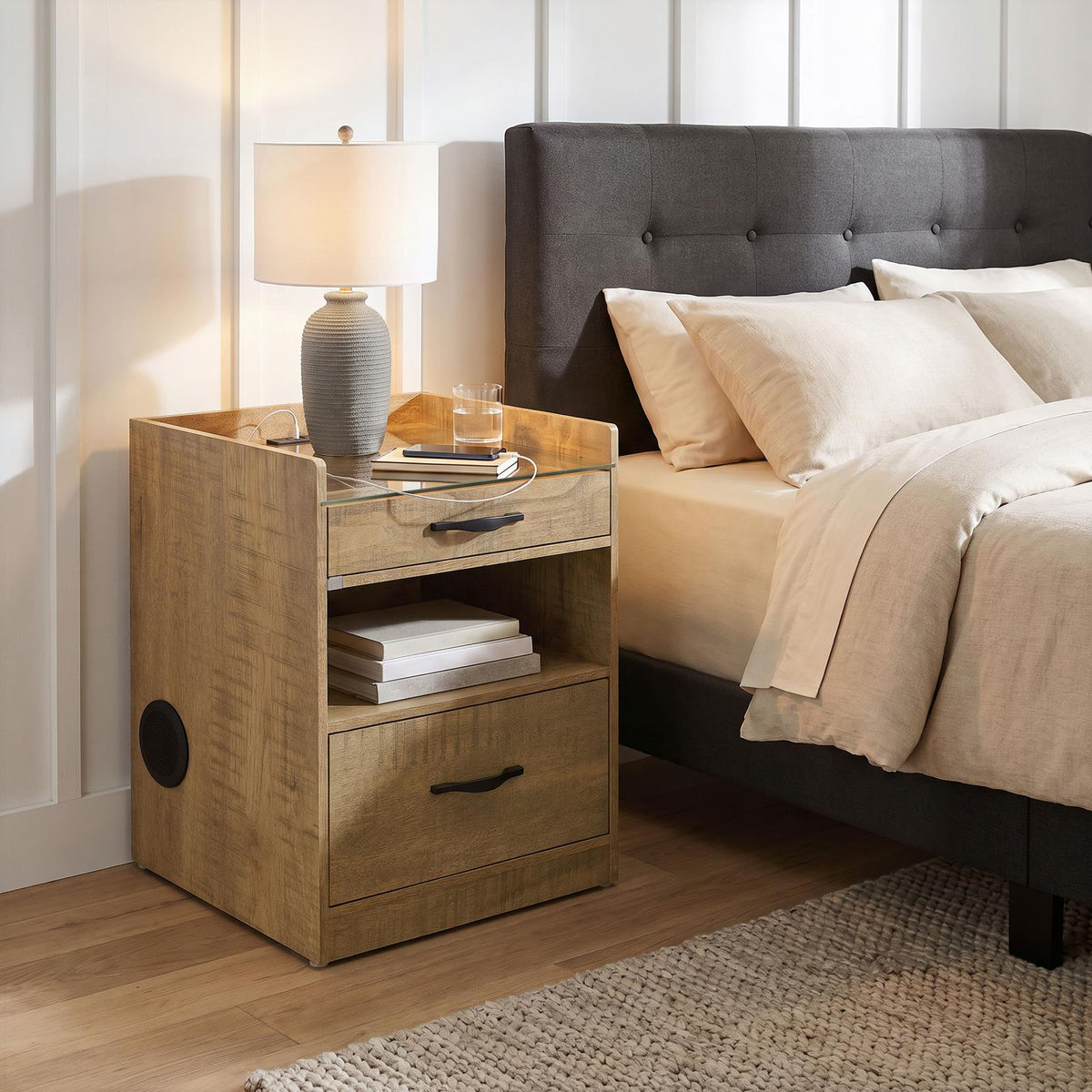 Furda 2-drawer LED Nightstand Bedside Table with Speaker Mango