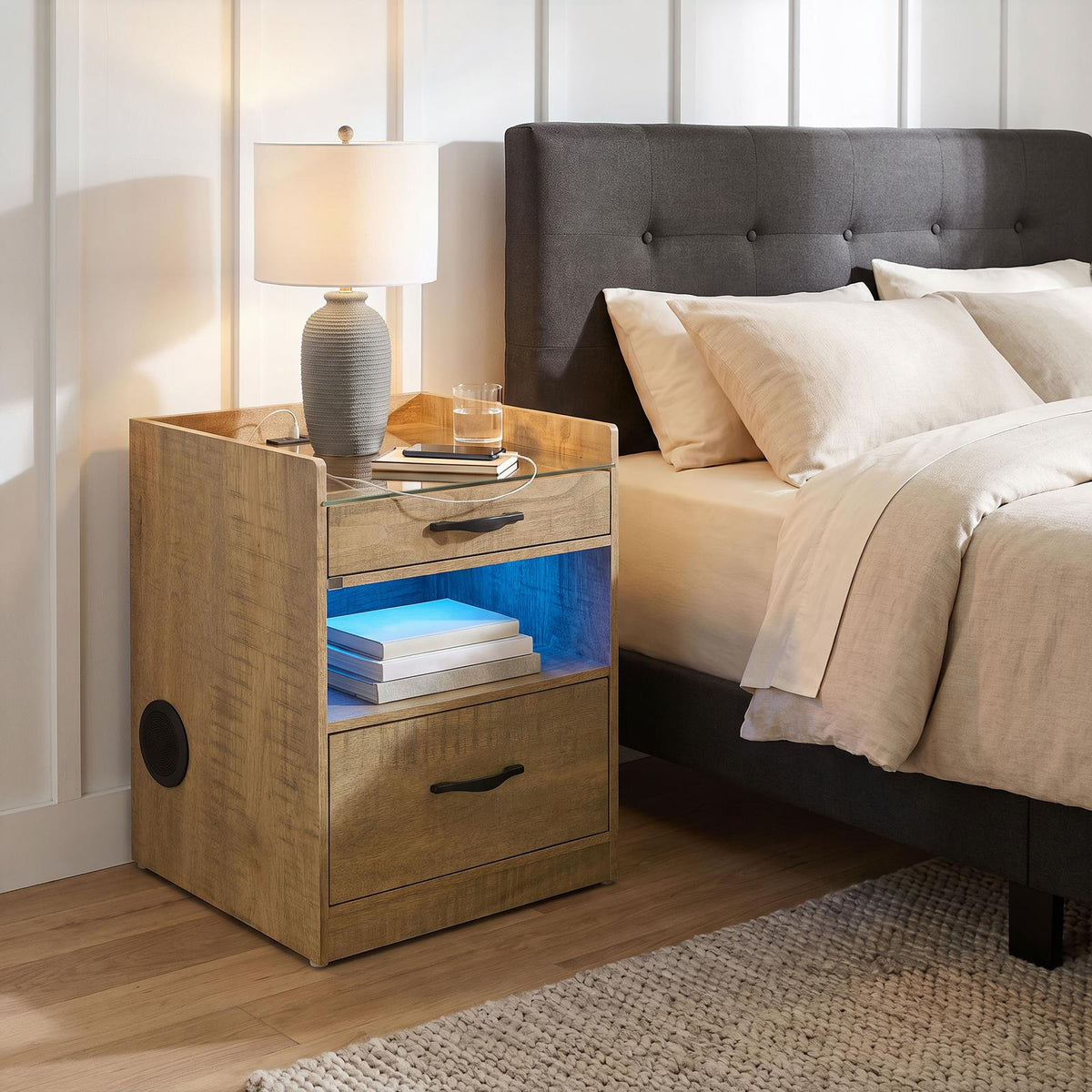 Furda 2-drawer LED Nightstand Bedside Table with Speaker Mango