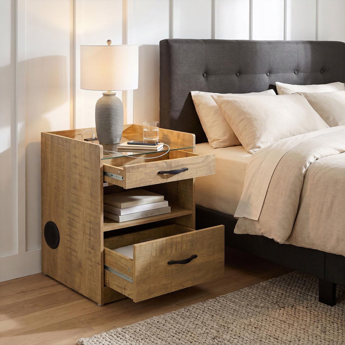 Furda 2-drawer LED Nightstand Bedside Table with Speaker Mango