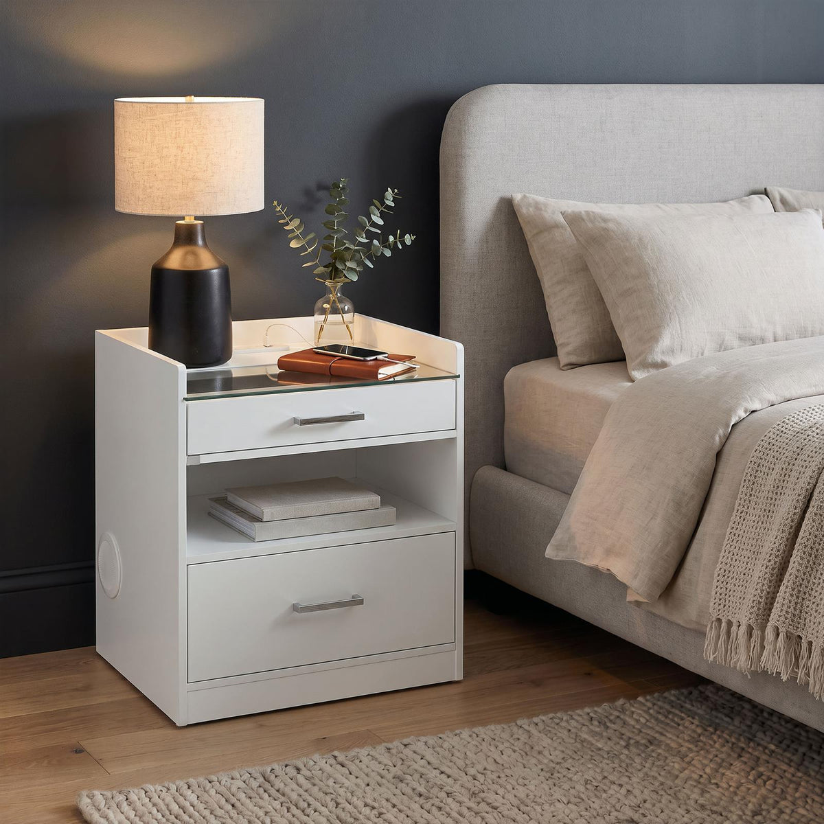 Furda 2-drawer LED Nightstand Bedside Table with Speaker White High Gloss