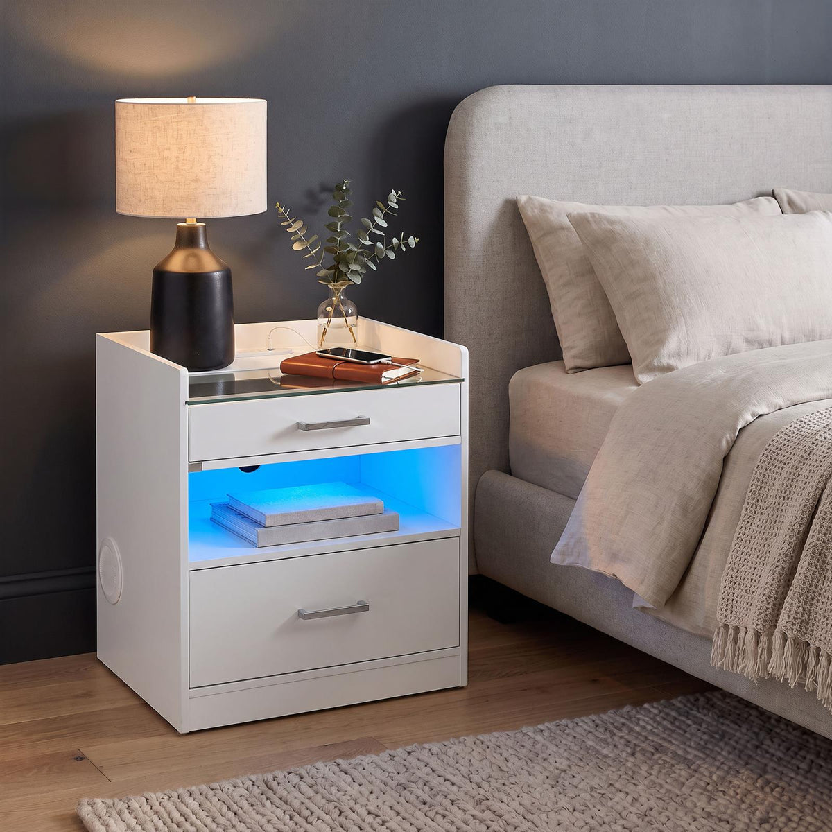 Furda 2-drawer LED Nightstand Bedside Table with Speaker White High Gloss