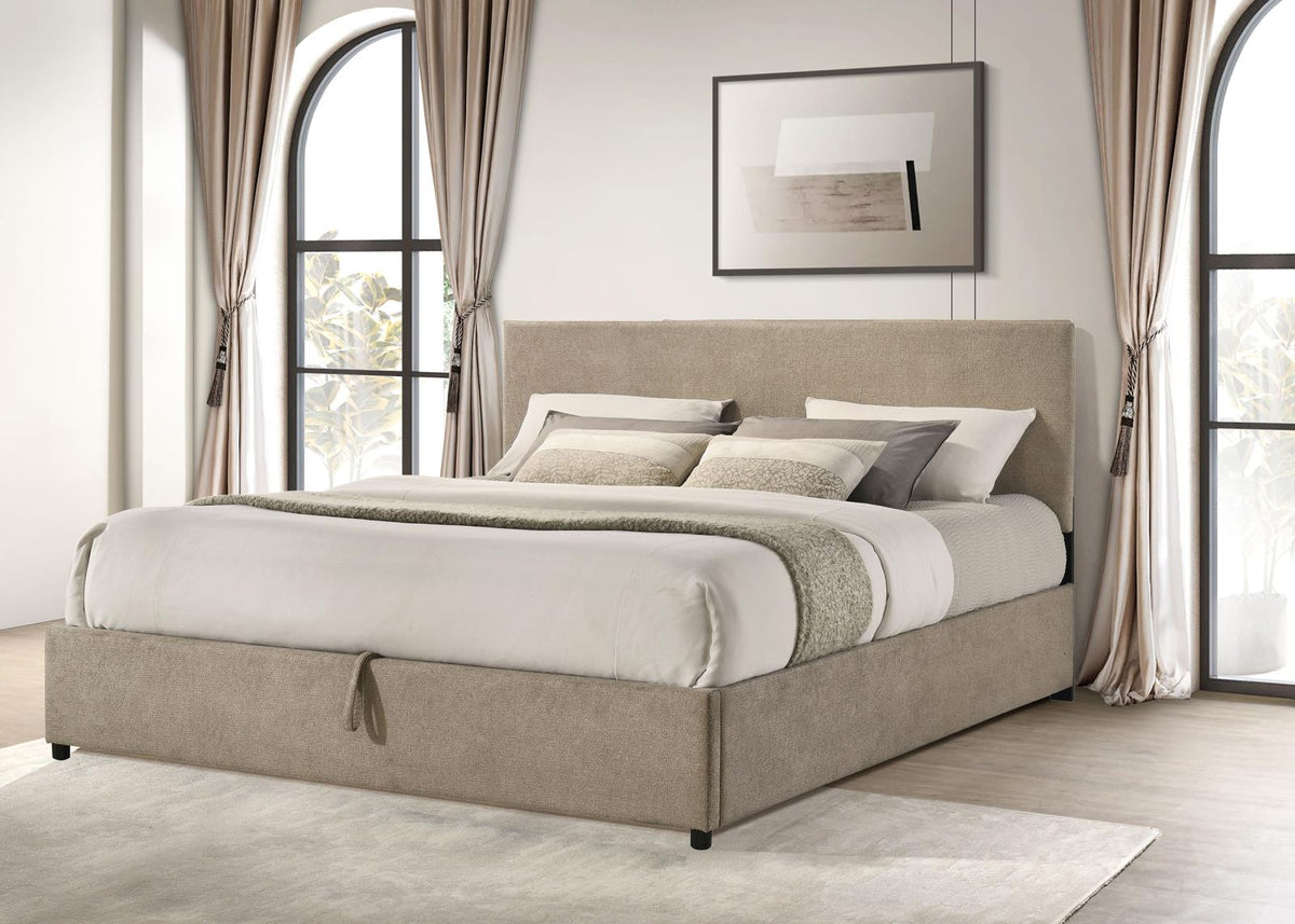 Reeves Upholstered Eastern King Lift-Top Storage Platform Bed Tan