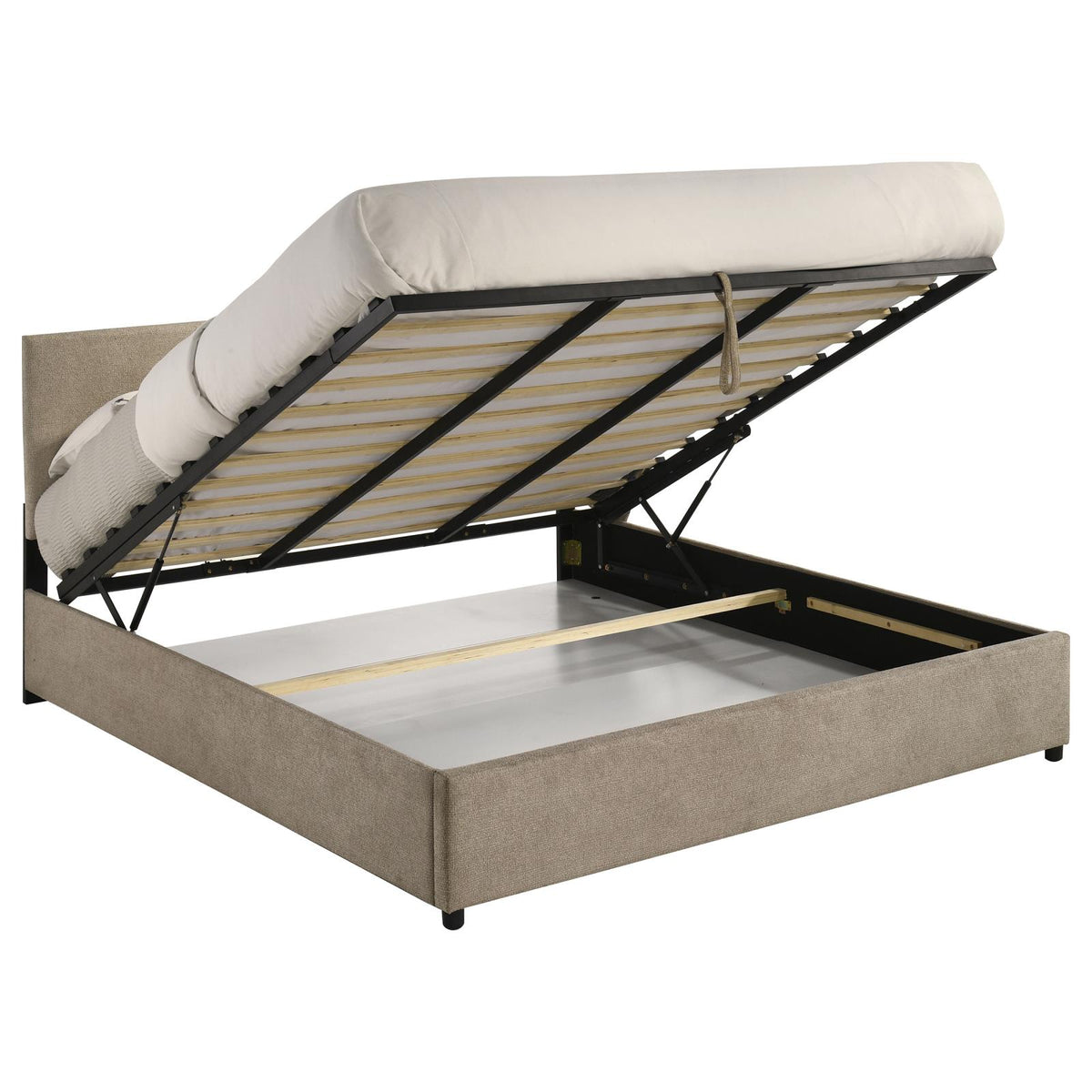 Reeves Upholstered Eastern King Lift-Top Storage Platform Bed Tan