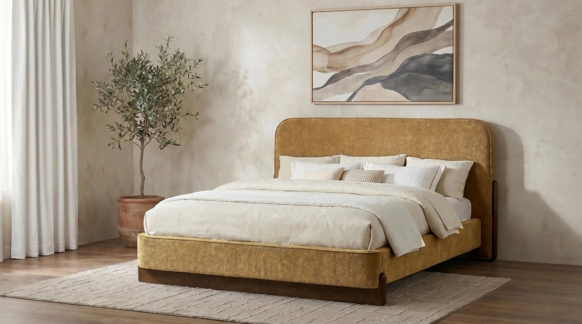 Baldacci Upholstered Eastern King Platform Bed Curry and Walnut