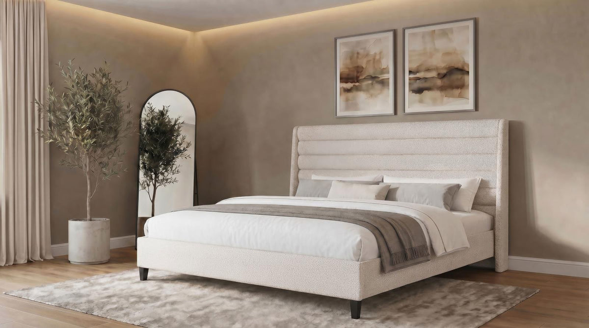 Leslie Upholstered Tufted Eastern King Wingback Platform Bed Beige