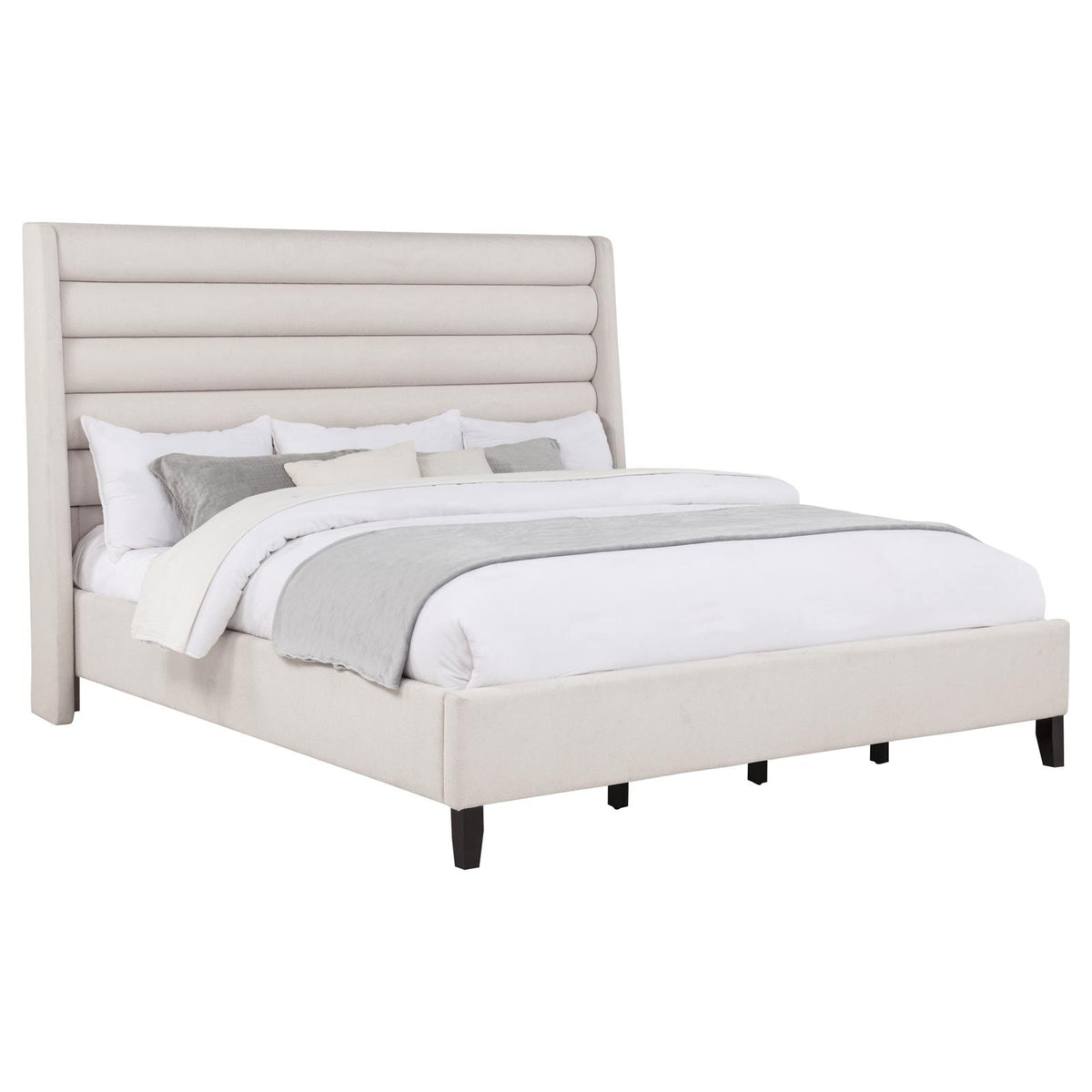Leslie Upholstered Tufted Eastern King Wingback Platform Bed Beige
