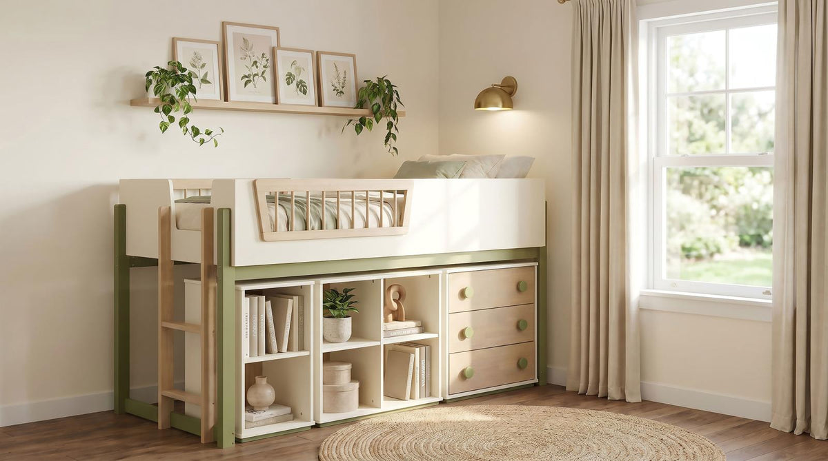 Evren Twin Storage Loft Bed 4-piece Set with Chest and Bookcases Tri-Tone