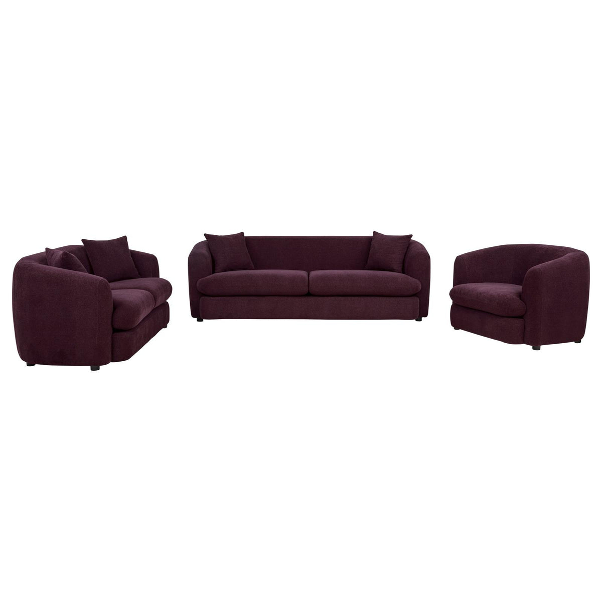 Delroy 3-Piece Stationary Sofa Set Aubergine Polyester Upholstery