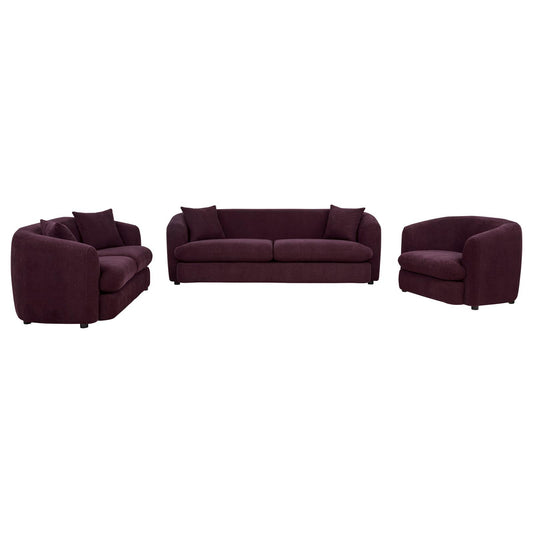 Delroy 3-Piece Stationary Sofa Set Aubergine Polyester Upholstery