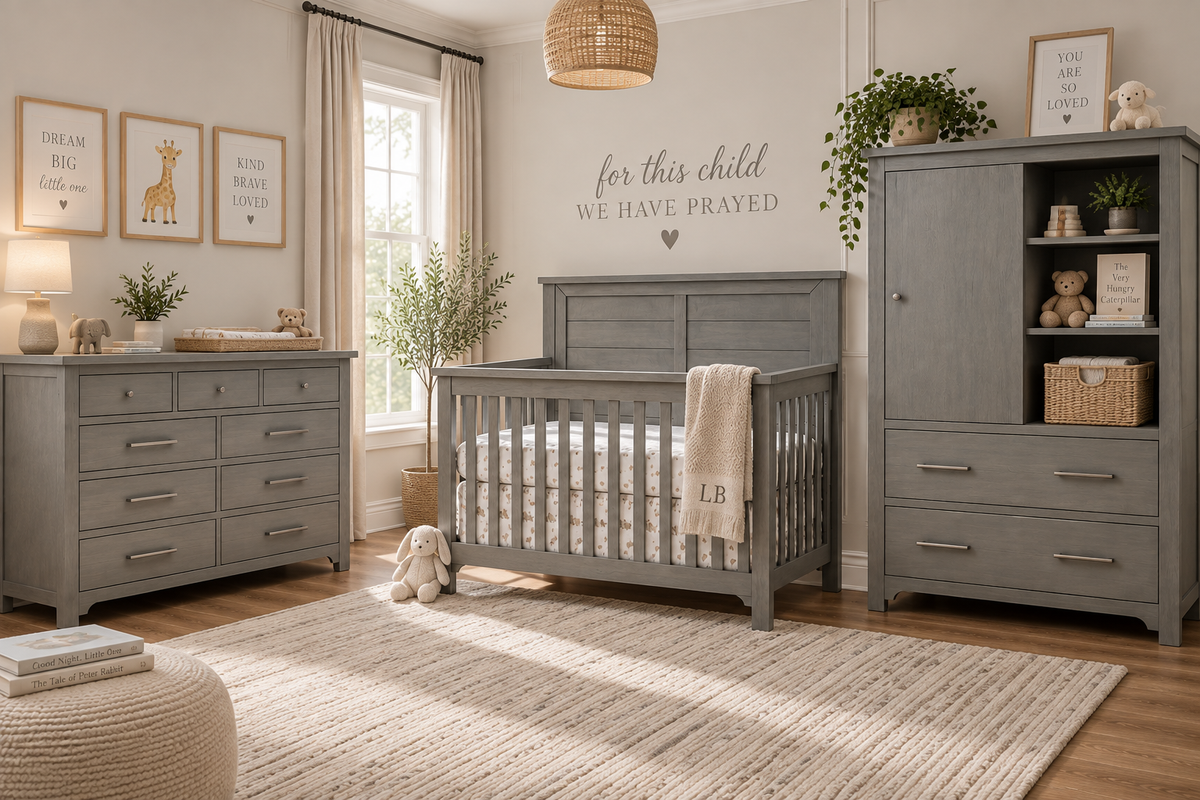 Farmhouse Nursery Set — Convertible Crib, Double Dresser & Chifferobe in Grigio