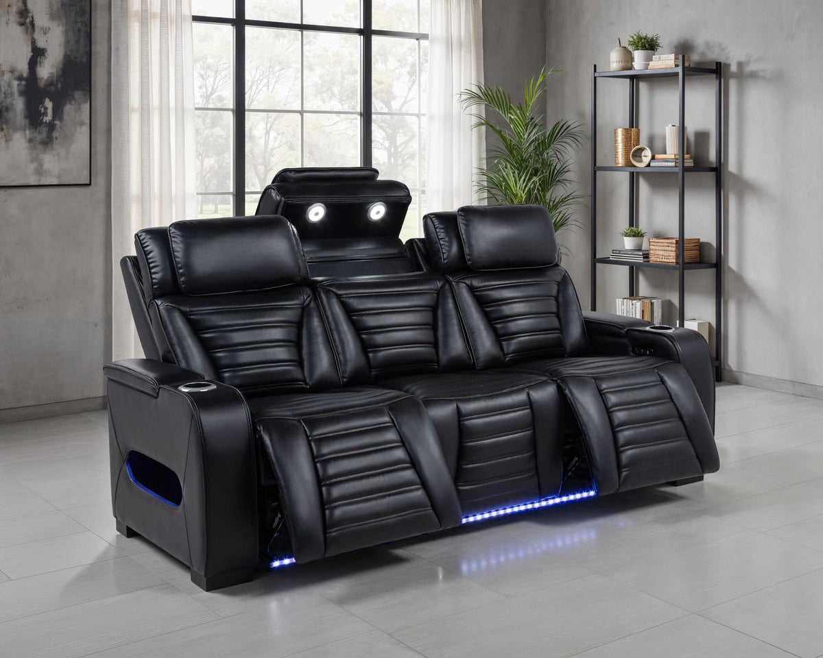 Zuma Dual Power Reclining Sofa with Reading Lights and Storage Black