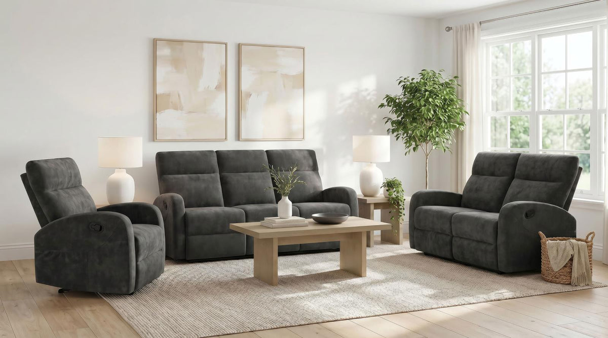 Hamilton Chenille Manual Reclining Sofa Set Charcoal Grey