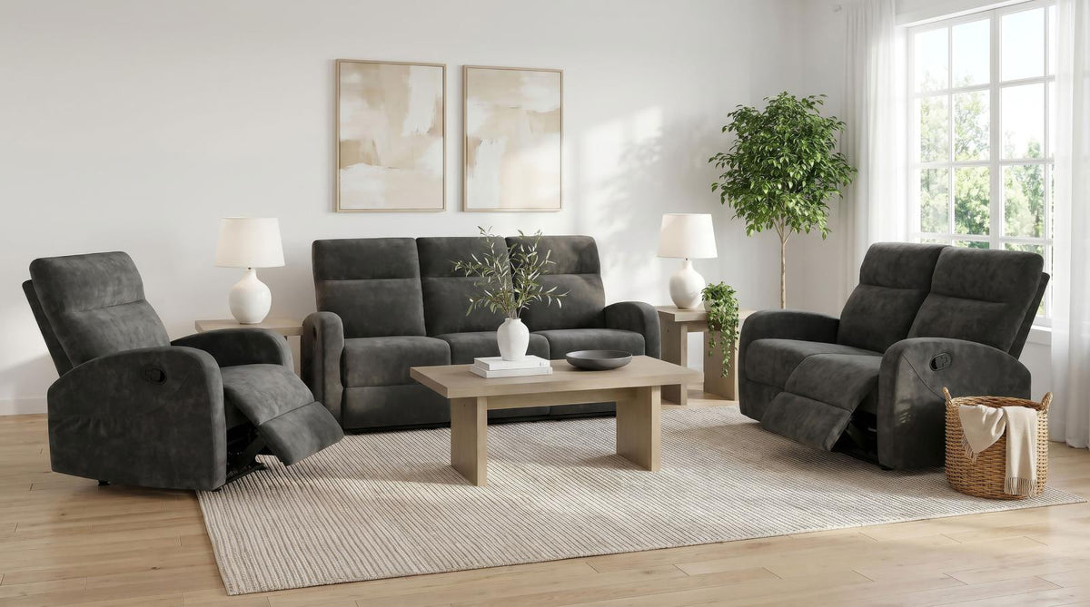 Hamilton Chenille Manual Reclining Sofa Set Charcoal Grey