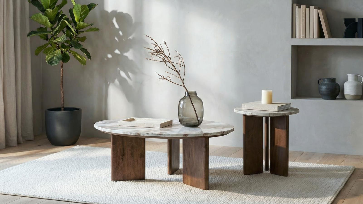 Jenna Round Marble Top Coffee Table Set Brown