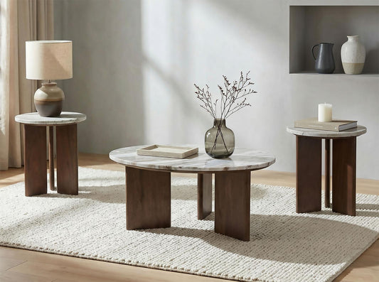 Jenna Round Marble Top Coffee Table Set Brown