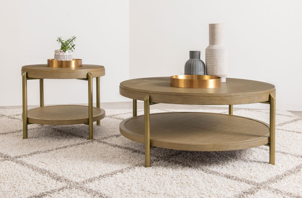 Arini Round Coffee and End Table Set Sand Wash