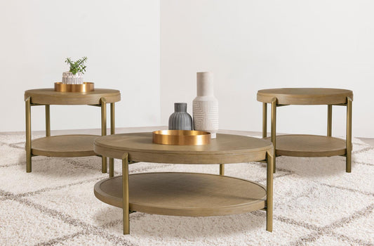 Arini Round Coffee and End Table Set Sand Wash