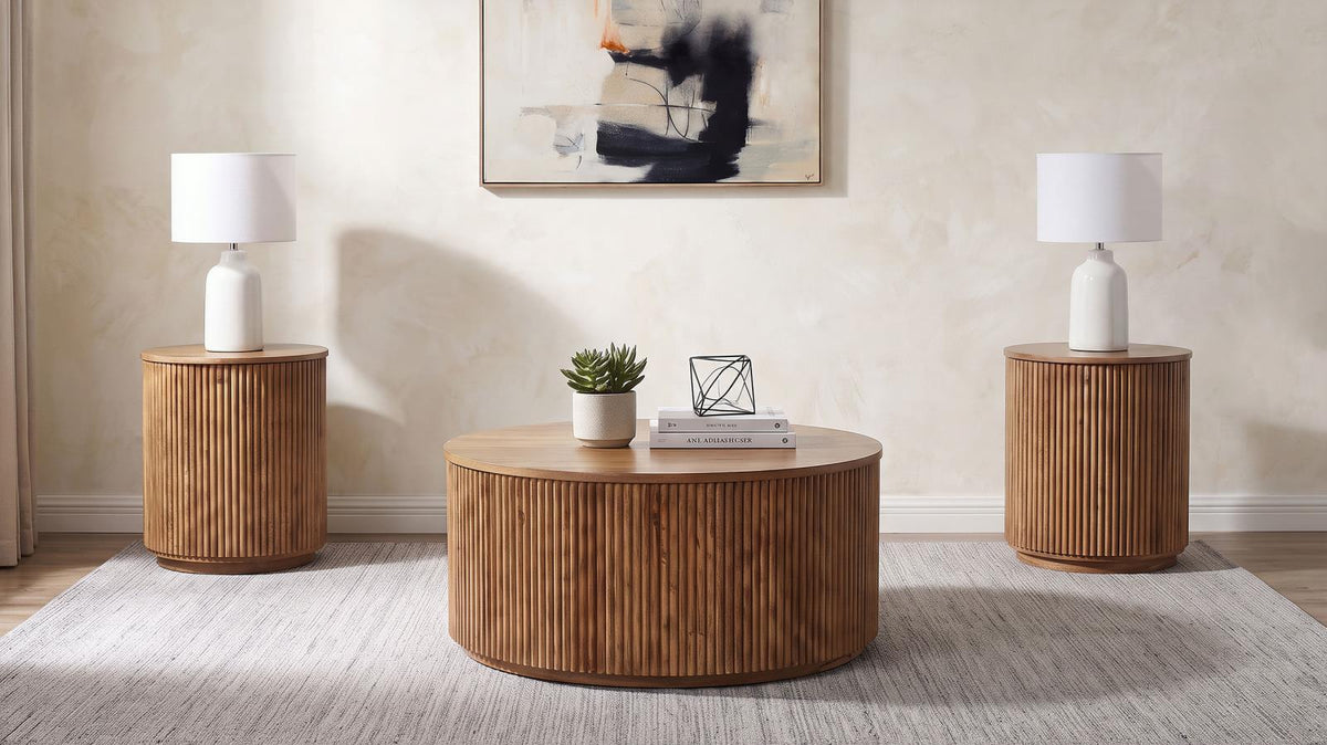 Coffey Round Coffee and End Table Set Light Brown