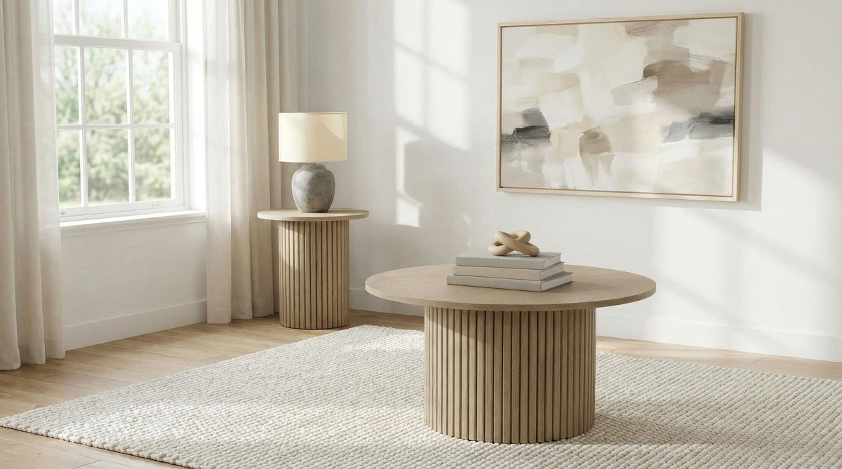 Hamlyn Round Fluted Coffee and End Table Set Natural Oak