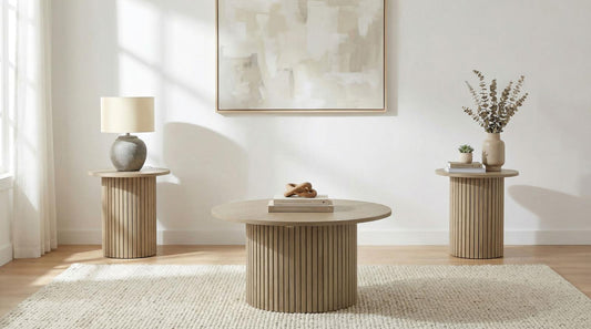 Hamlyn Round Fluted Coffee and End Table Set Natural Oak