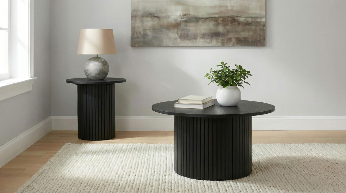Hamlyn Round Fluted Coffee and End Table Set Black