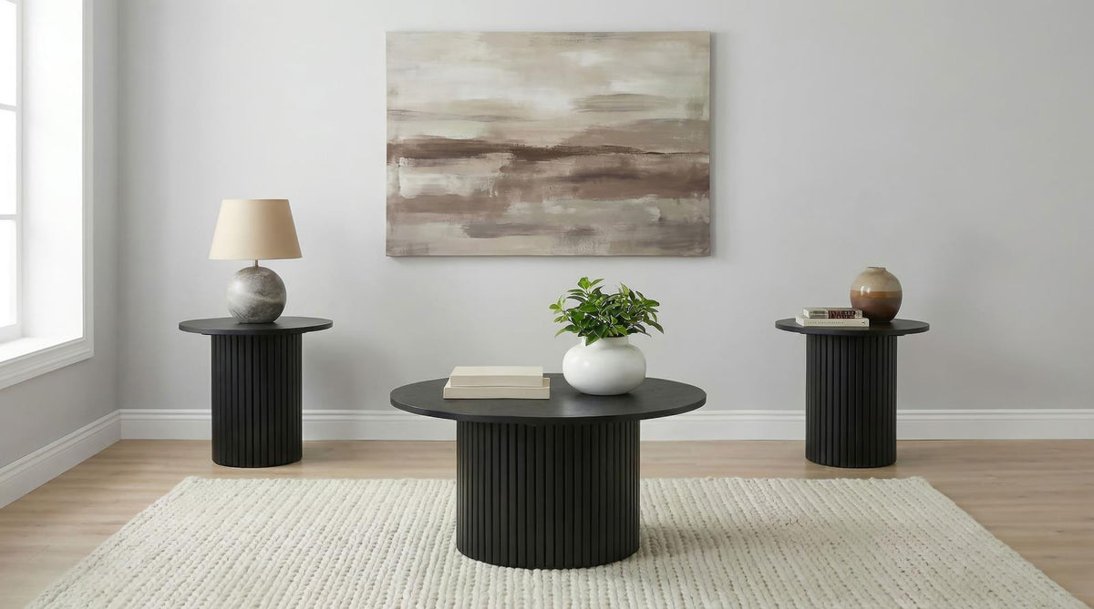 Hamlyn Round Fluted Coffee and End Table Set Black