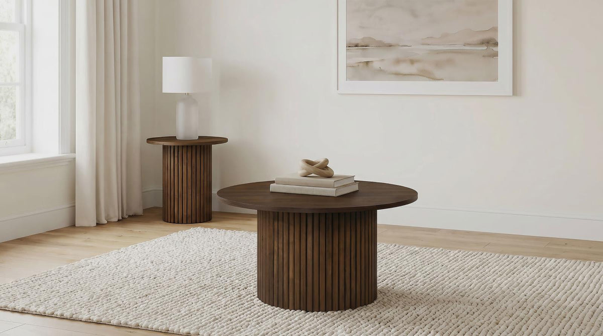Hamlyn Round Fluted Coffee and End Table Set Walnut
