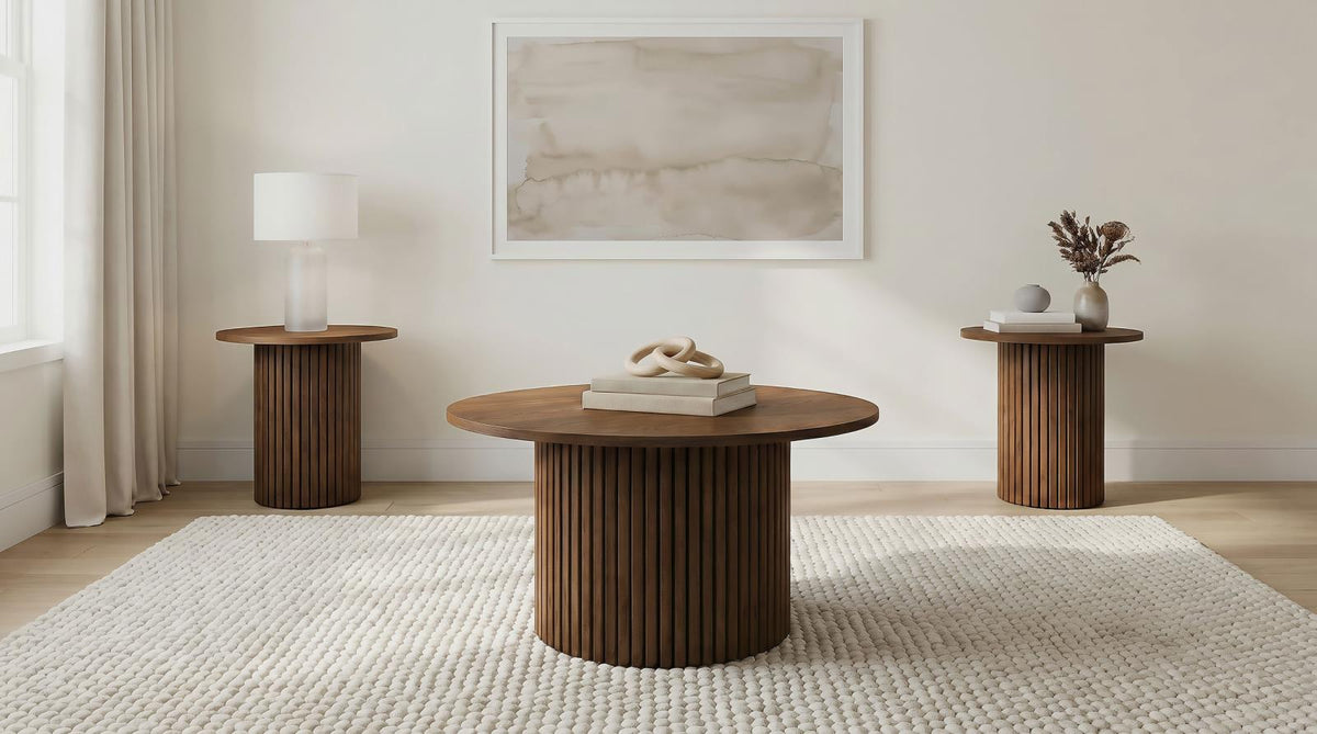 Hamlyn Round Fluted Coffee and End Table Set Walnut