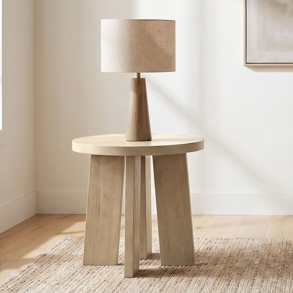Strouse Contemporary Round End Table in Natural Oak