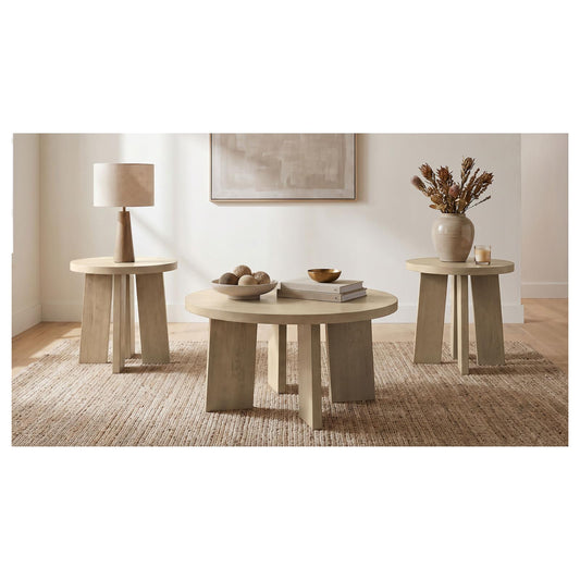 Strouse 3-Piece Round Coffee and End Table Set in Natural Oak