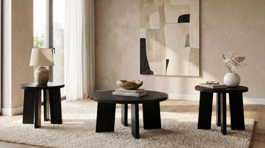Strouse 3-Piece Round Coffee and End Table Set in Black