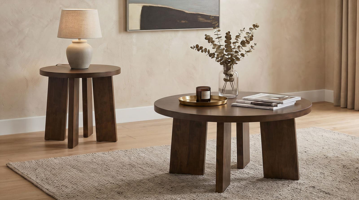 Strouse 3-Piece Round Coffee and End Table Set in Dark Walnut